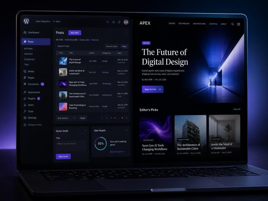 WordPress editorial dashboard and magazine website on a laptop